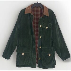 VTG Atease Reversible Jacket Womens M Corduroy Plaid Green Red Boho Barn Classic